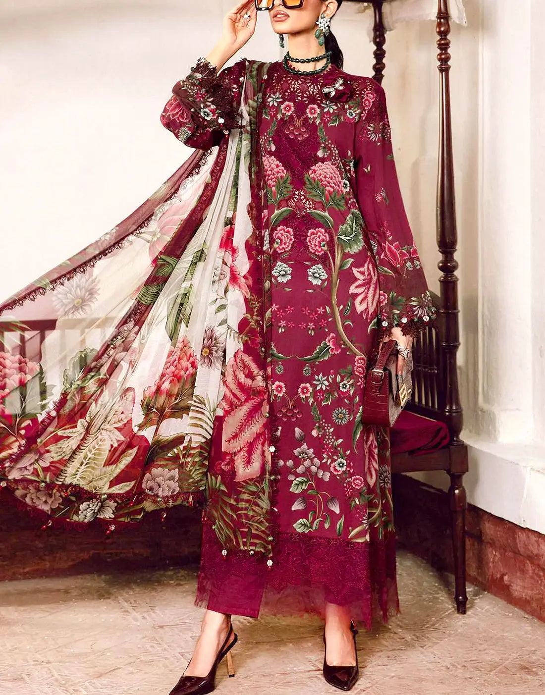 All-Over Floral Print Embroidered Maroon Lawn Dress for EID and Formal Party Wear