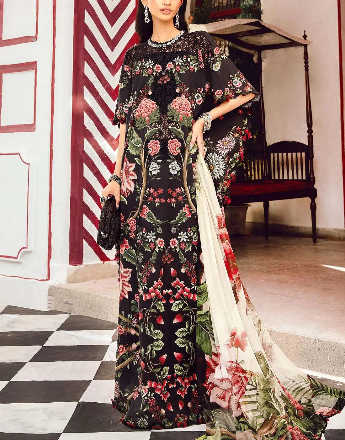 All-Over Floral Print Embroidered Black Lawn Dress for EID and Formal Party Wear
