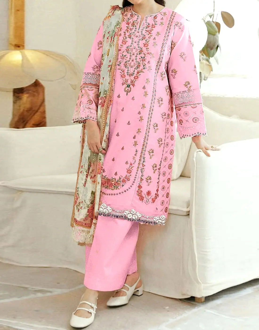 Heavy Embroidered Pink Lawn Dress with Digital Print Bana Dora Dupatta