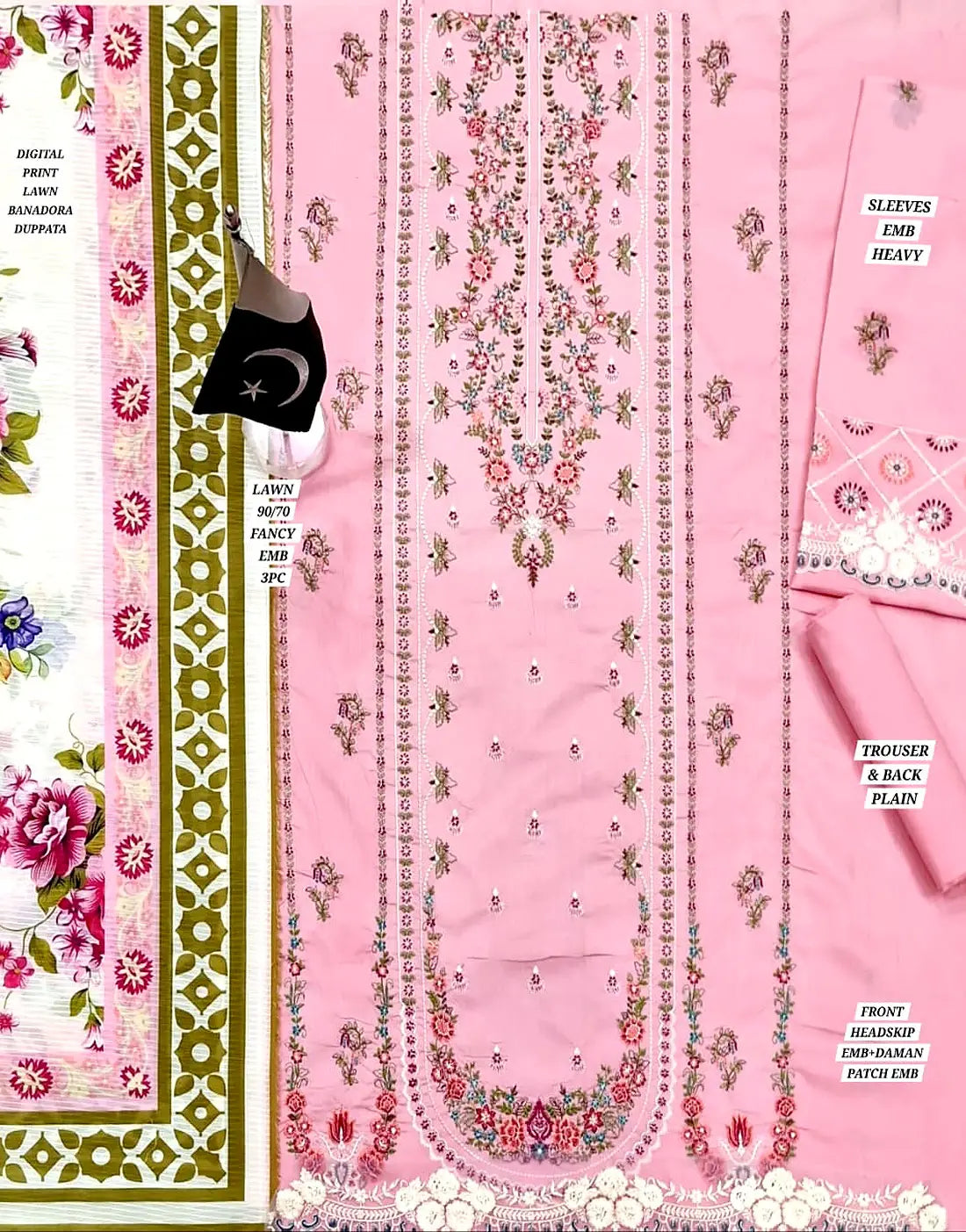 Heavy Embroidered Pink Lawn Dress with Digital Print Bana Dora Dupatta
