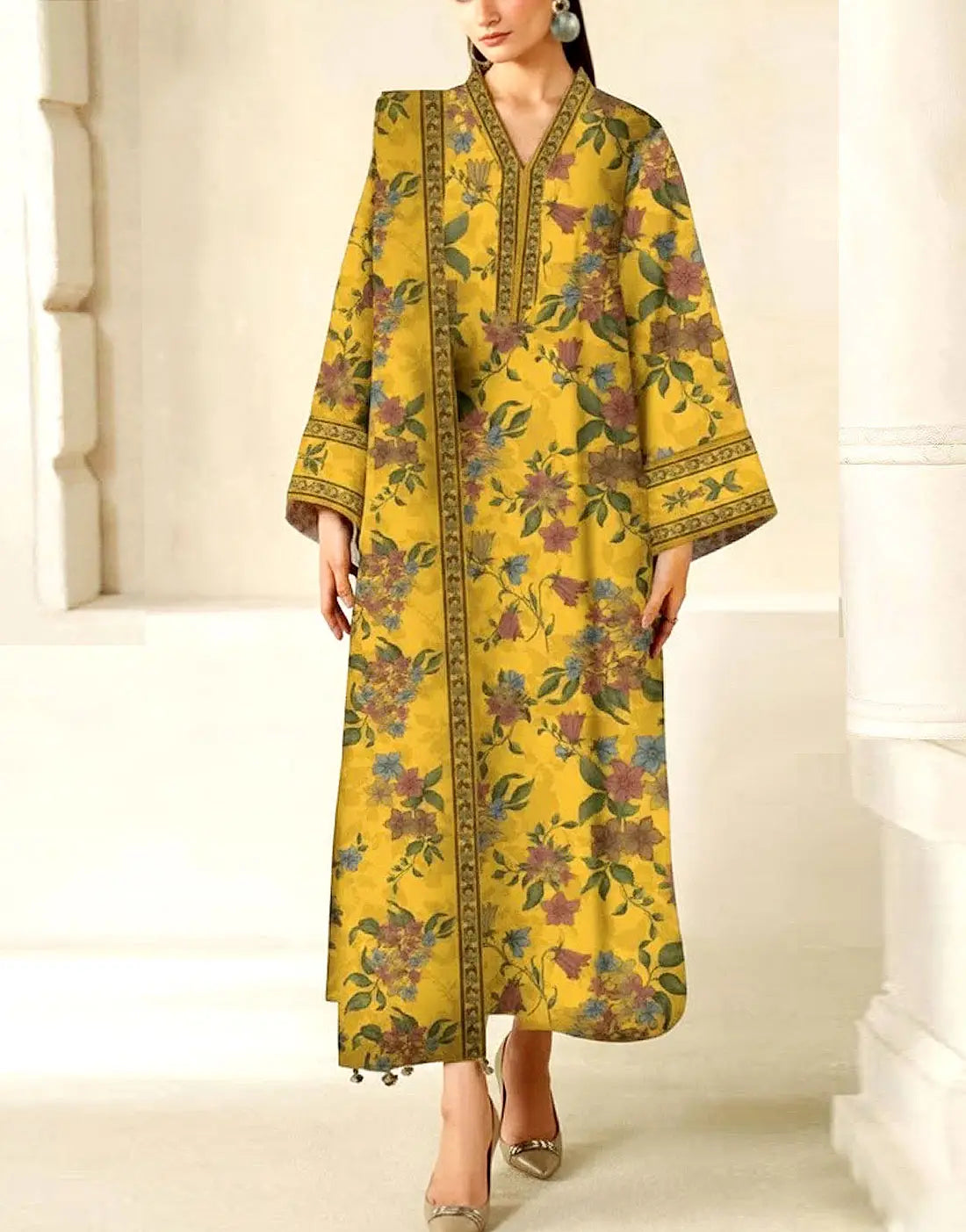 All-Over Print Embroidered Mustard Yellow Lawn Dress for EID & Formal Party Wear