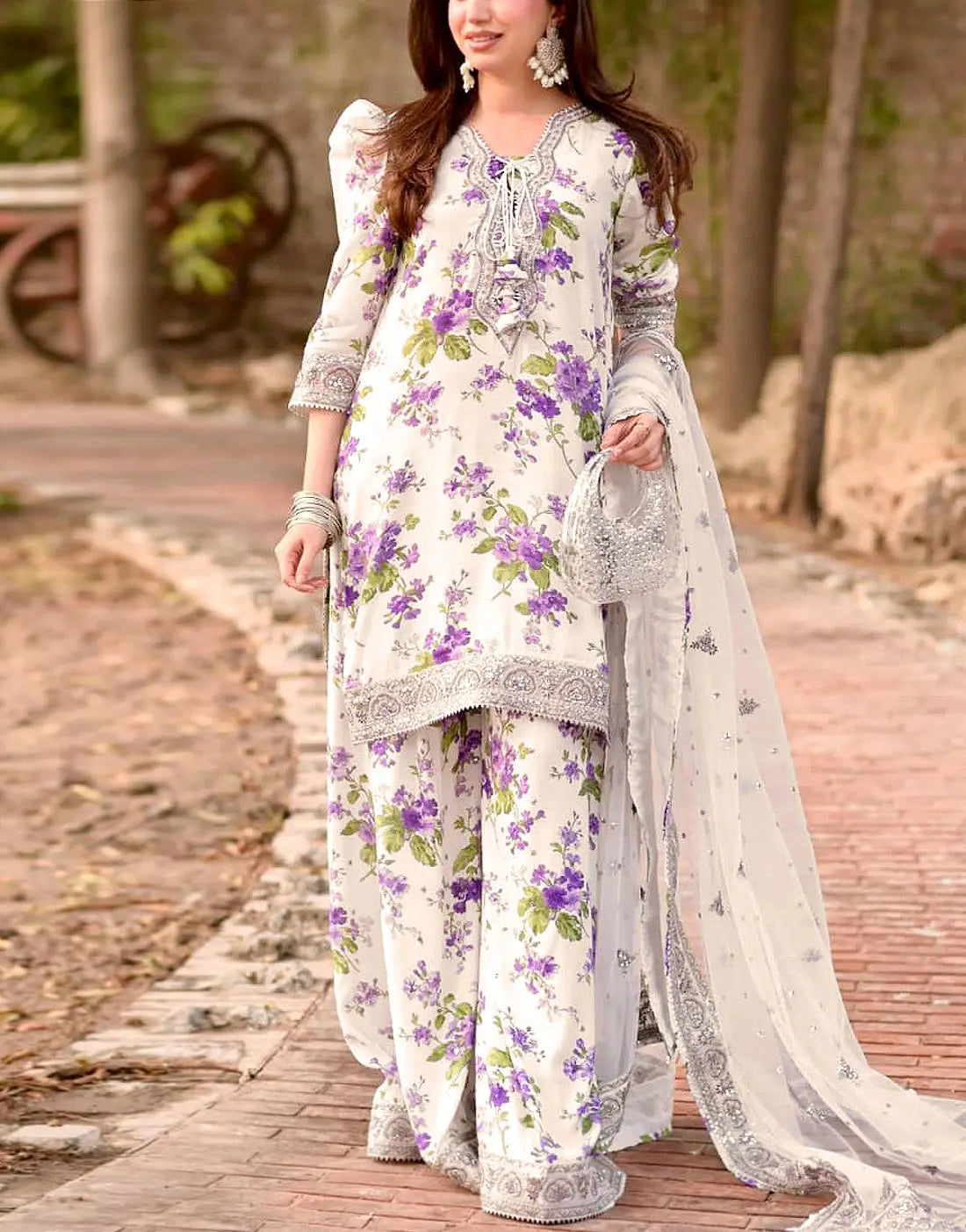 All-Over Print Embroidered EID Lawn Dress with Emb. Chiffon Dupatta