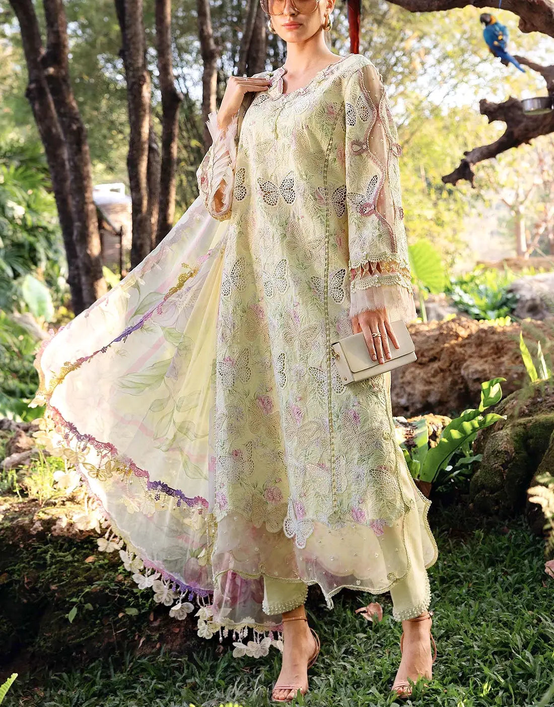 Luxury Butterfly Design Schiffli Embroidered EID Lawn Dress with Emb. Chiffon Dupatta