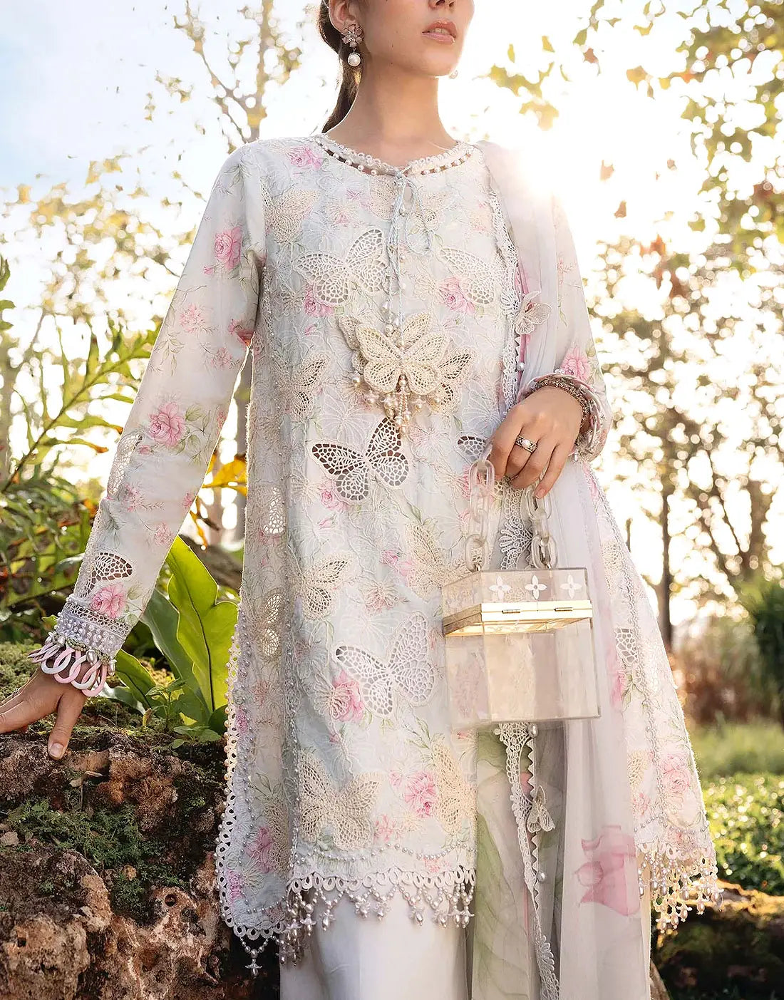 Luxury Butterfly Design Schiffli Embroidered EID Lawn Dress with Emb. Chiffon Dupatta