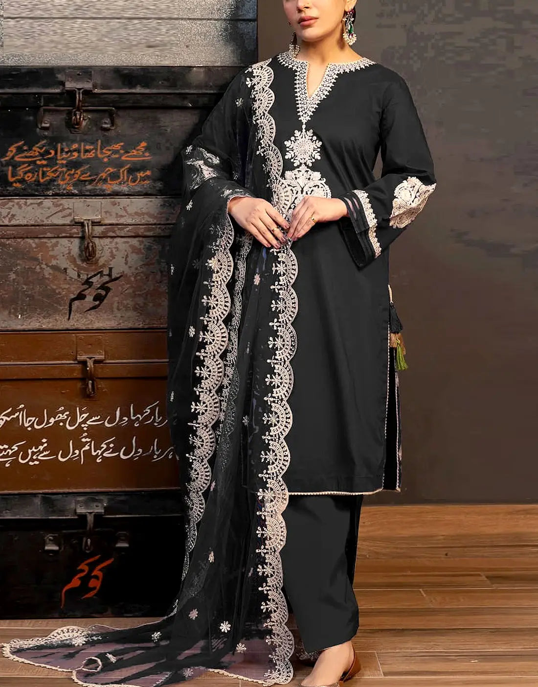 Elegant Embroidered Black EID Lawn Suit with Emb. Organza Dupatta