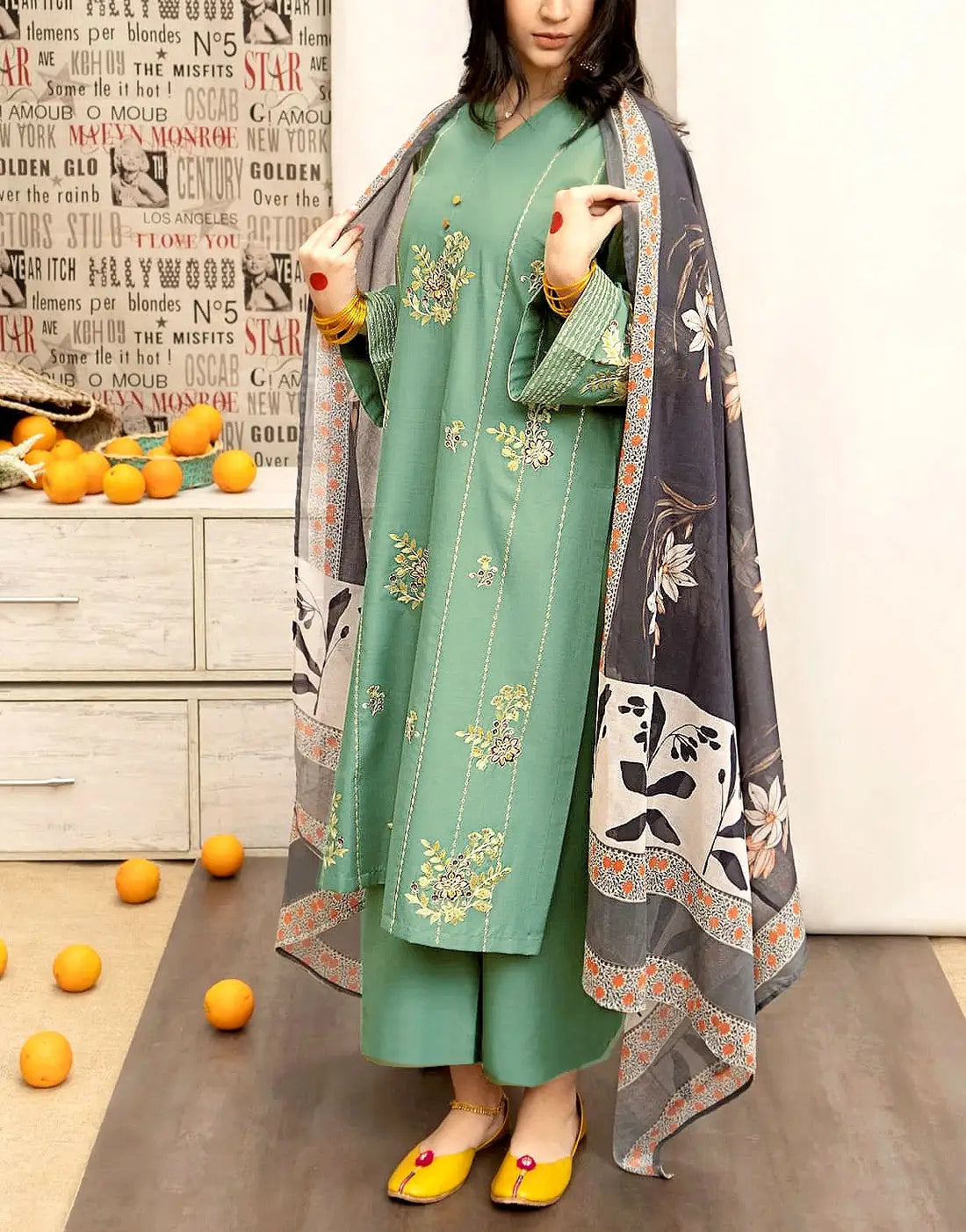 Elegant Embroidered EID Lawn Dress with Printed Diamond Dupatta