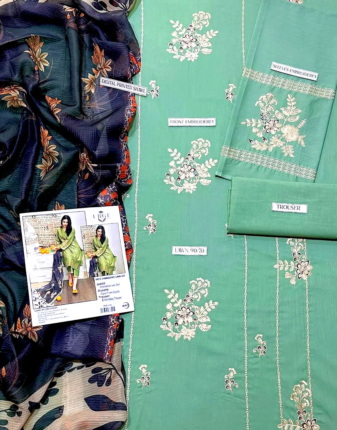 Elegant Embroidered EID Lawn Dress with Printed Diamond Dupatta