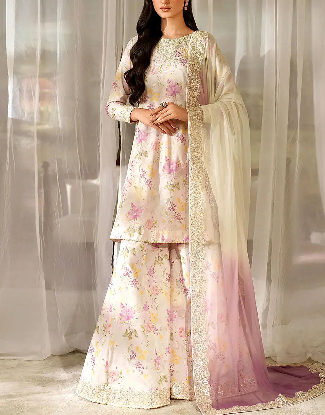 All-Over Floral Print Embroidered Lawn Dress 2026 with Emb. Chiffon Dupatta