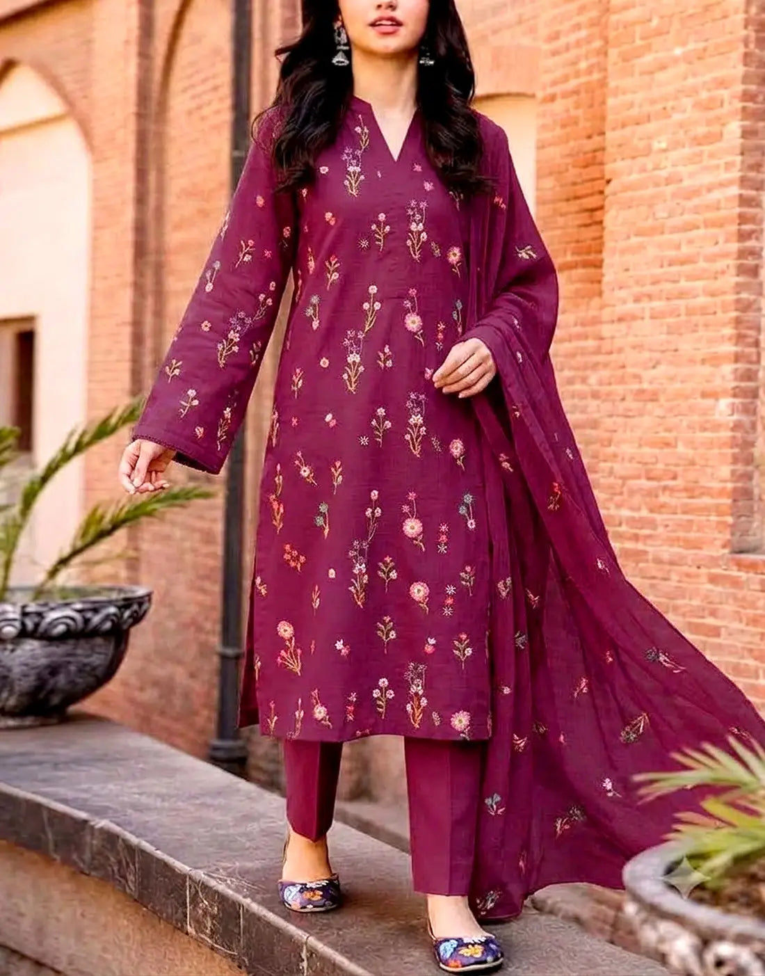 Trendy Floral Booti Embroidered 3-Piece Linen Dress with Linen Dupatta