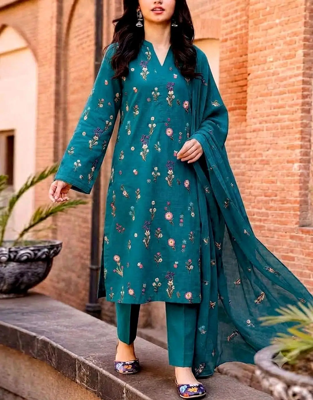 Trendy Floral Booti Embroidered 3-Piece Linen Dress with Linen Dupatta