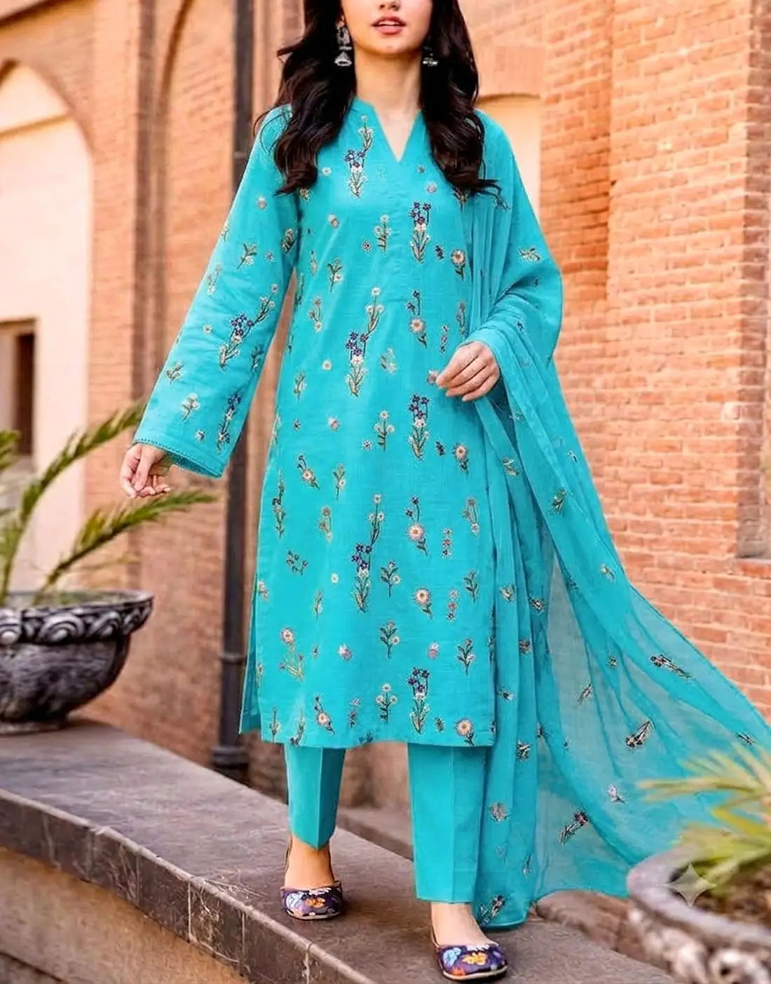 Trendy Floral Booti Embroidered 3-Piece Linen Dress with Linen Dupatta