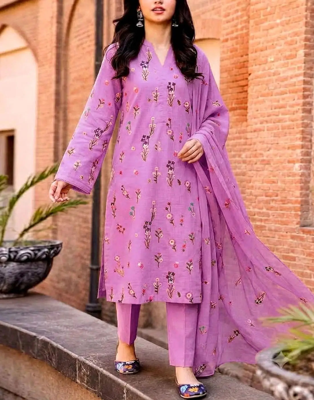 Trendy Floral Booti Embroidered 3-Piece Linen Dress with Linen Dupatta