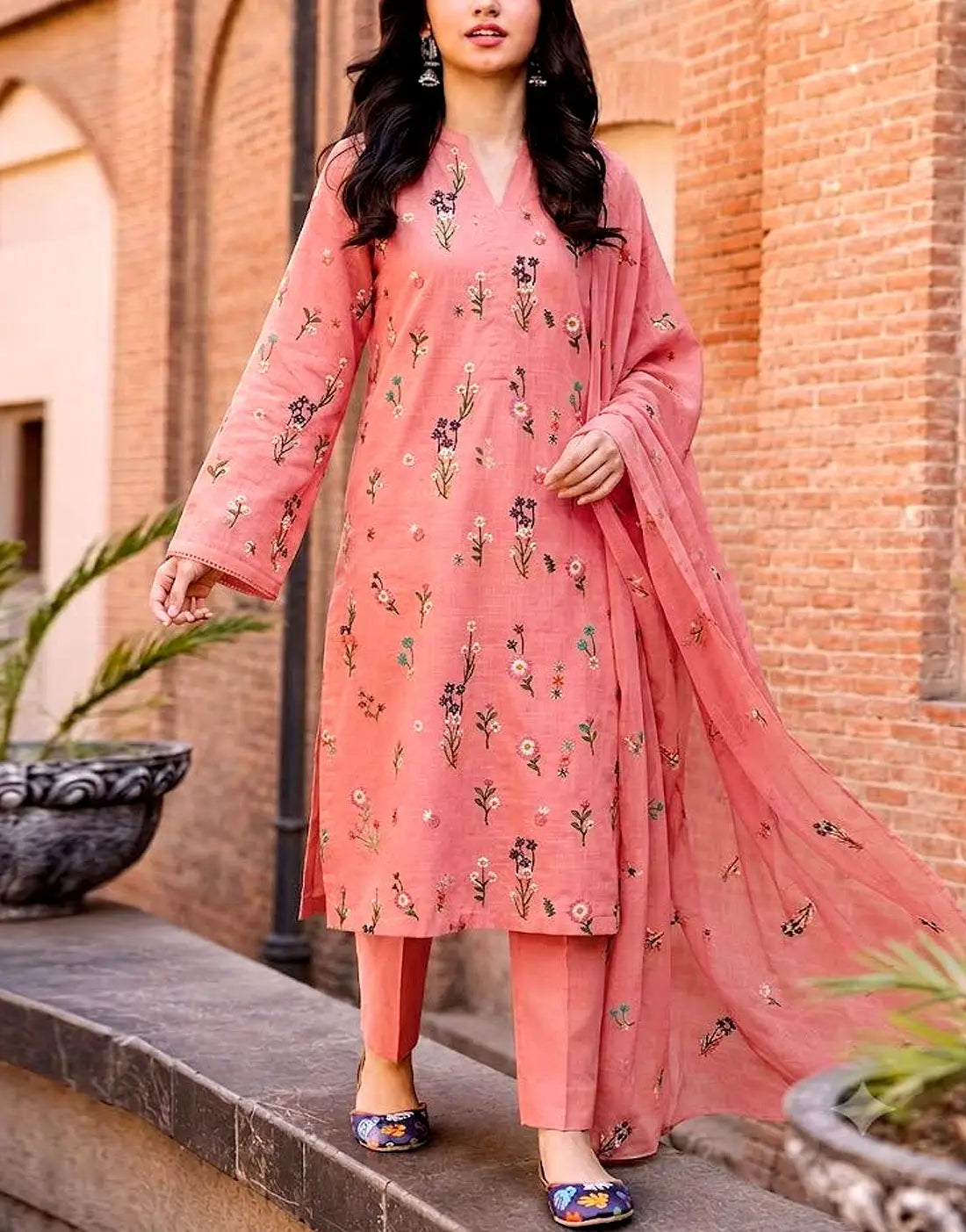 Trendy Floral Booti Embroidered 3-Piece Linen Dress with Linen Dupatta