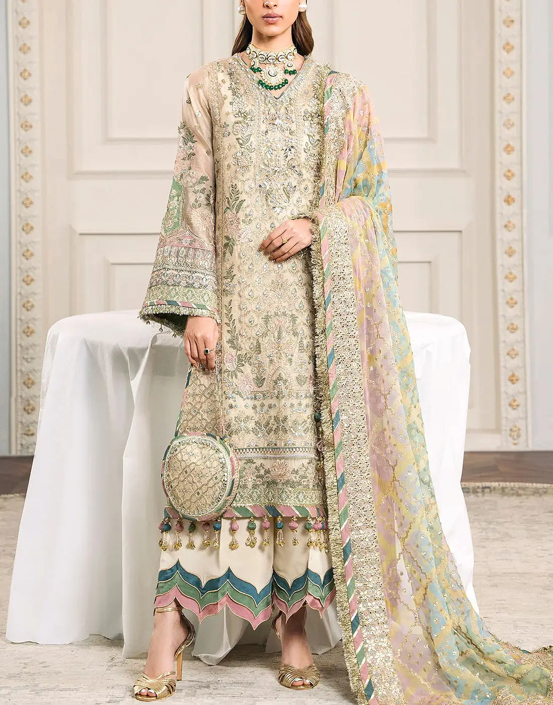 sachin and babi light blue dress heavily embroidered net fabric mint green x pink 44" wide B2#89 –  Puresilks.us