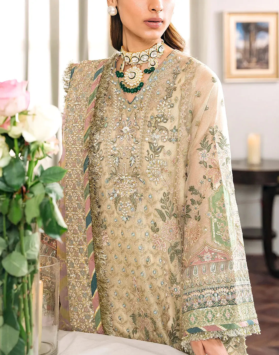 Luxurious Handwork Heavy Embroidered NET Bridal Wear Dress with Emb. Chiffon Dupatta