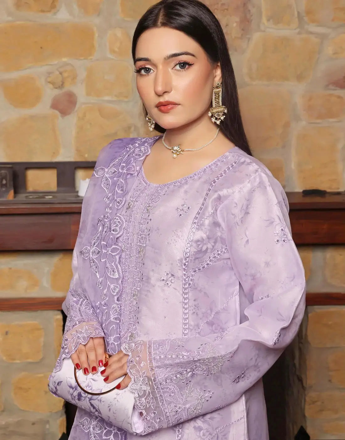 Sharjeena Semi-Stitched Embroidered Purple Organza Dress with Free Clutch Bag