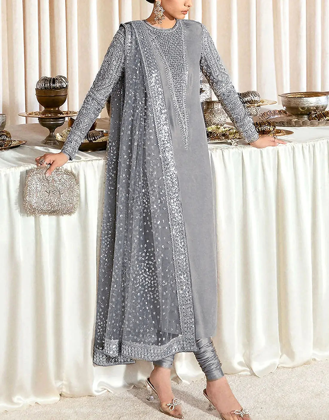 Glam Shine Intricate HandβEmbellished Silver Grey Raw Silk Wedding Dress - Most Demanding Design