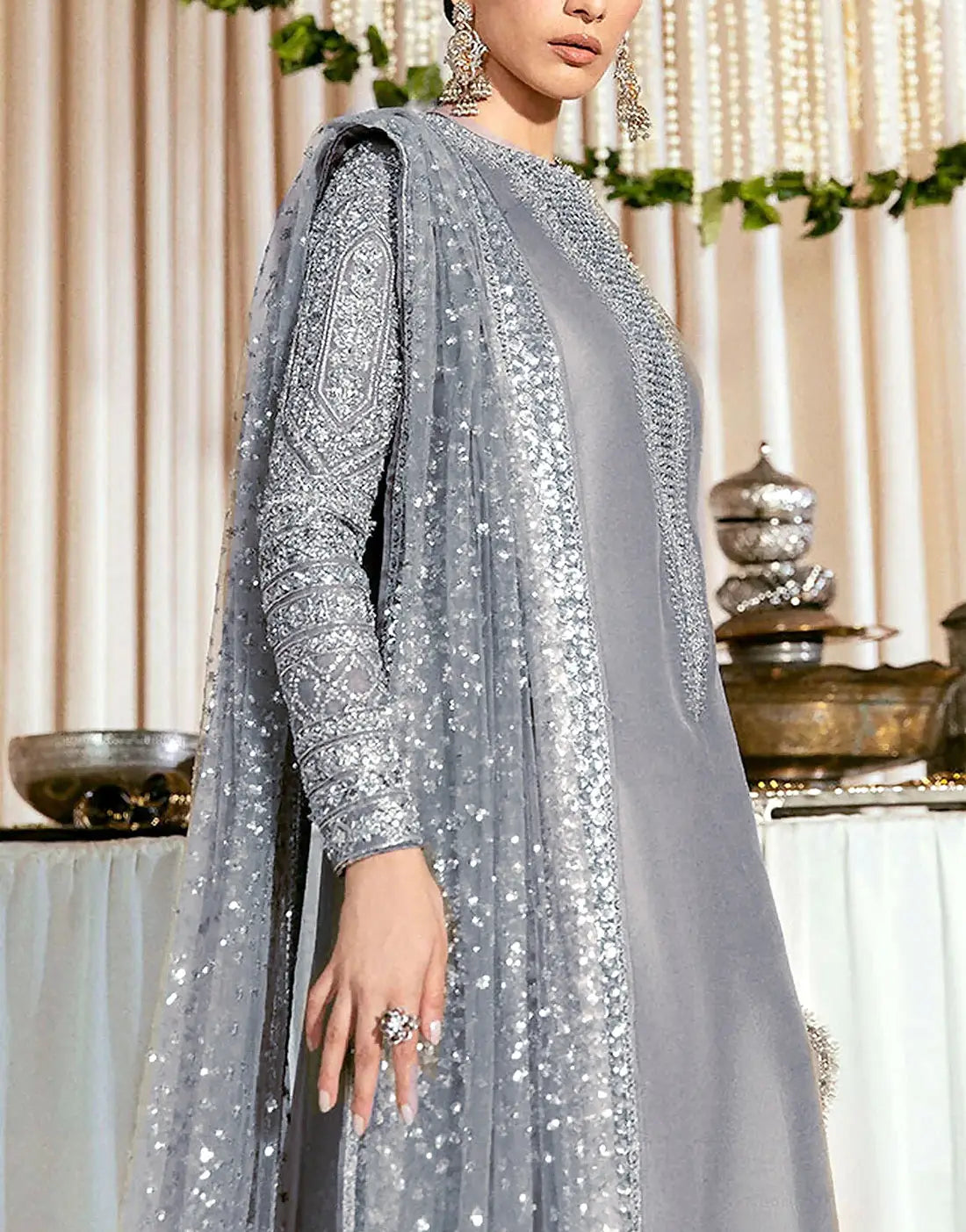 Glam Shine Intricate HandβEmbellished Silver Grey Raw Silk Wedding Dress - Most Demanding Design
