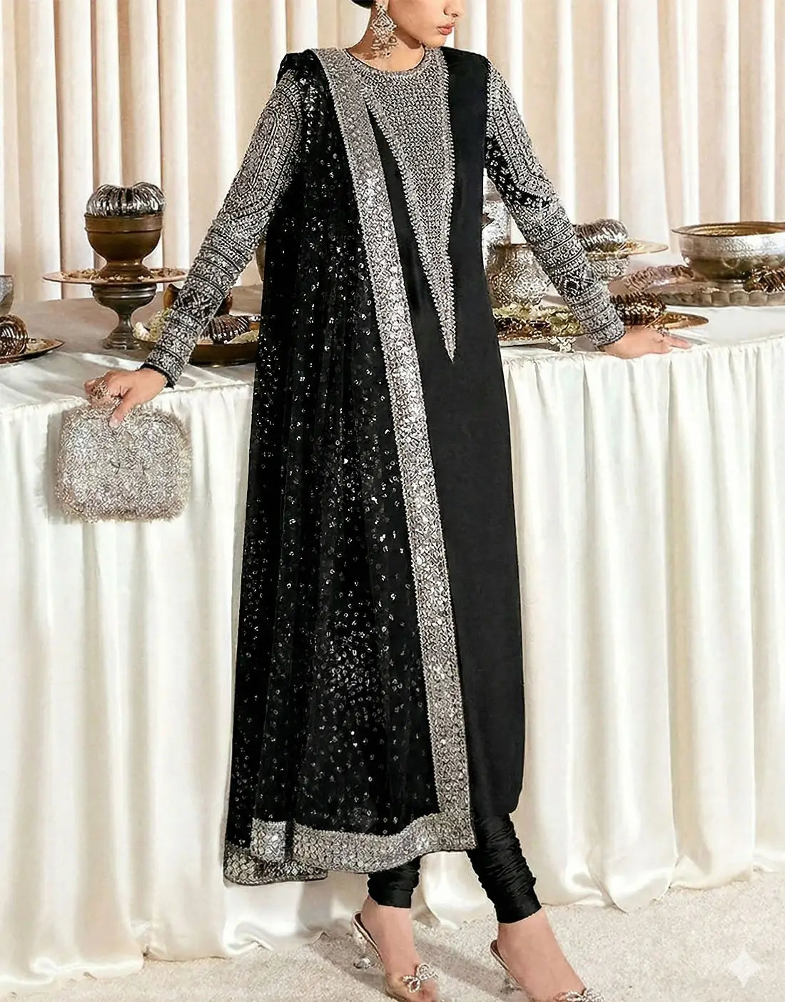 Glam Shine Hand‑Embellished Black Raw Silk Wedding Dress featuring Striking Black & Silver Combination
