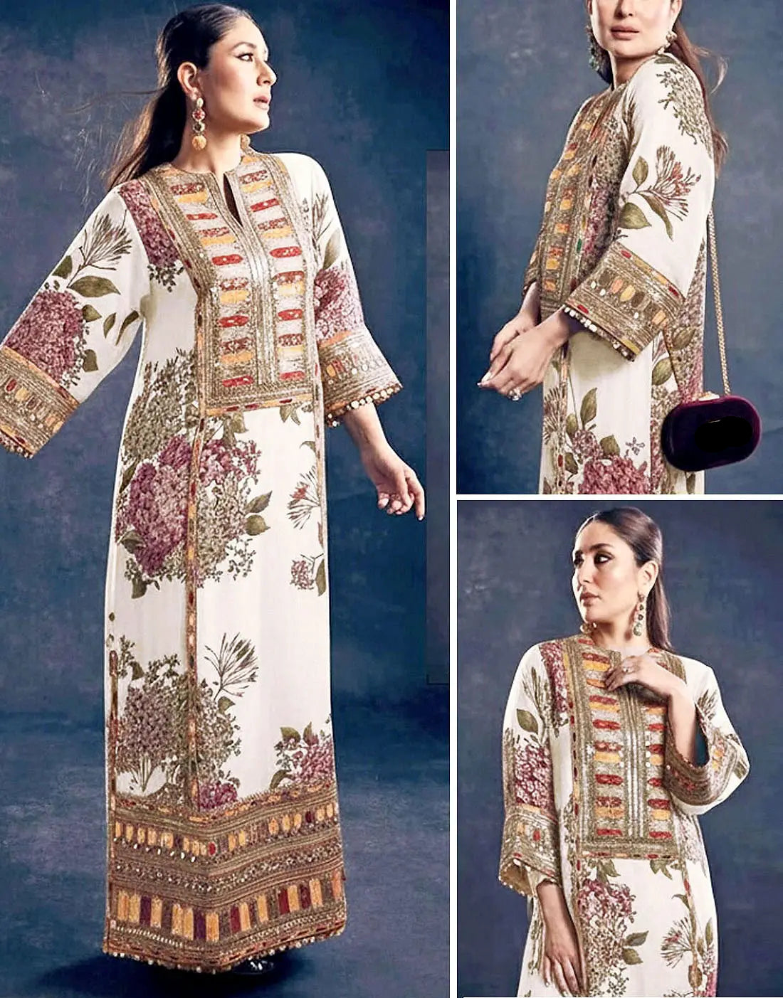 Heritage All-Over Digital Print Embroidered White Silk Party Wear Dress