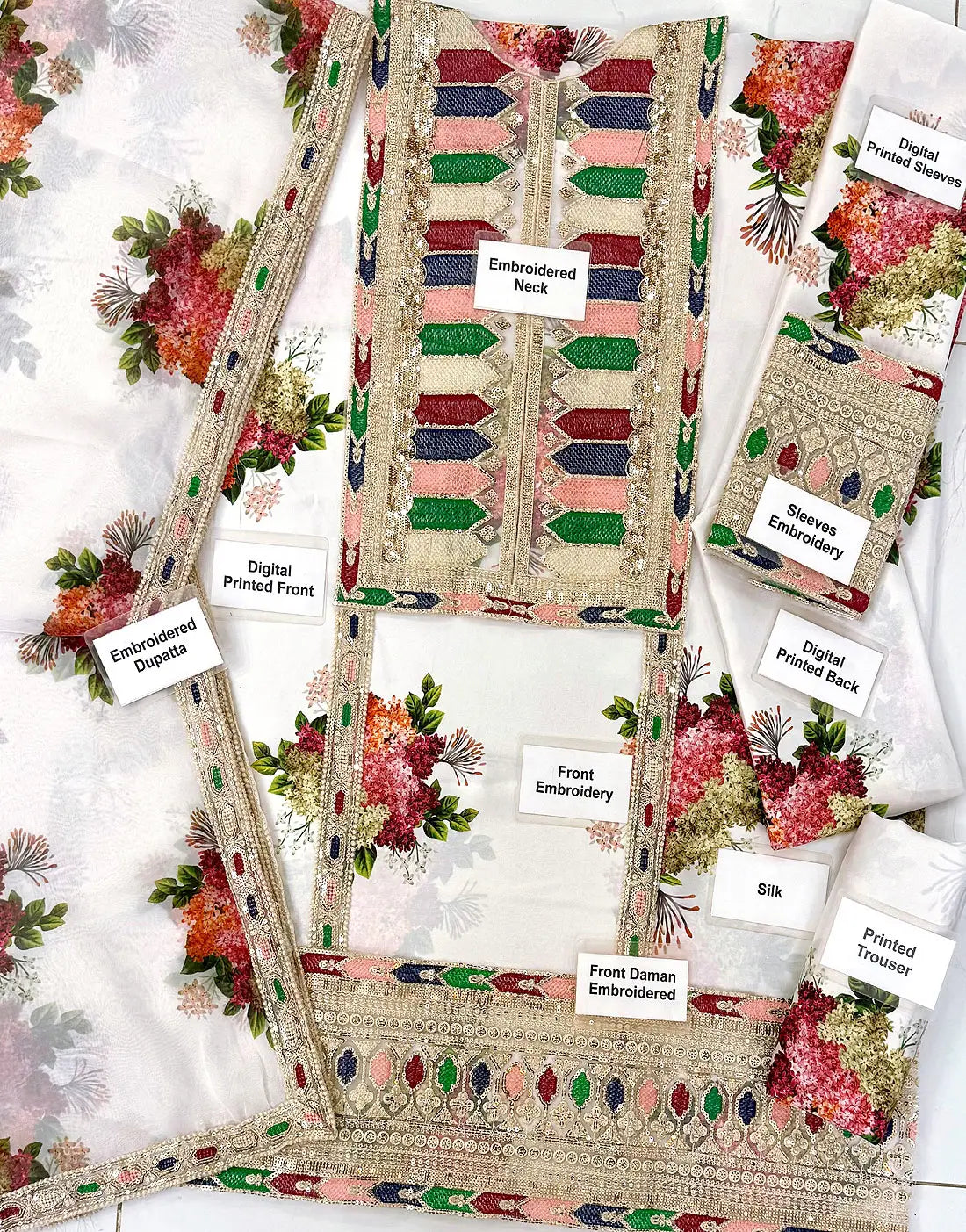 Heritage All-Over Digital Print Embroidered White Silk Party Wear Dress