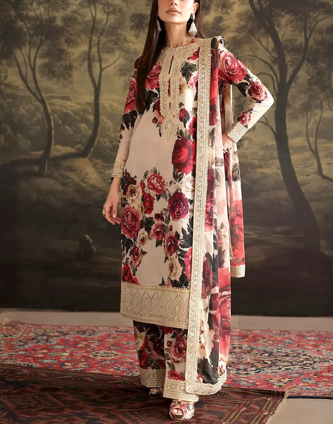 Fancy All-Over Digital Print Embroidered Silk Dress with Silk Dupatta