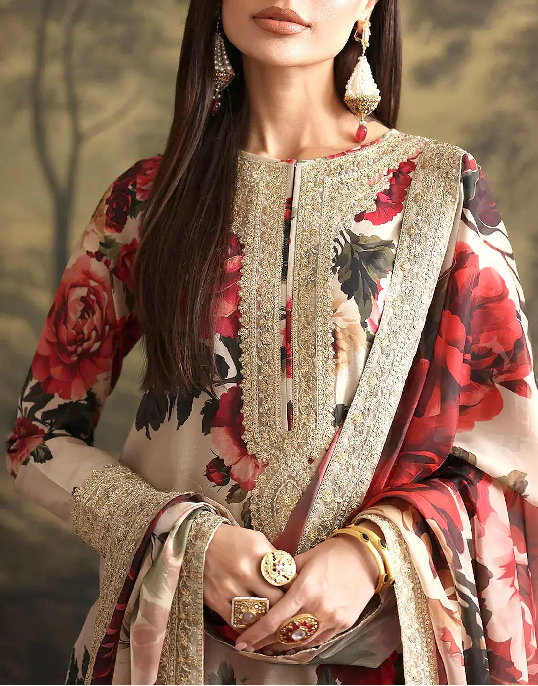 Fancy All-Over Digital Print Embroidered Silk Dress with Silk Dupatta