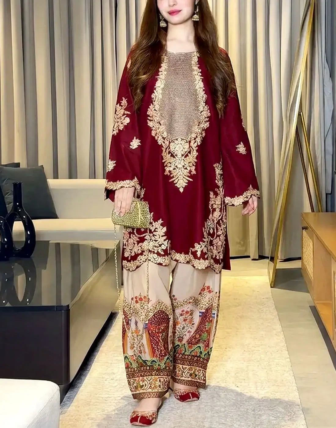 Trendy 2-Piece Embroidered Silk Dress for Girls