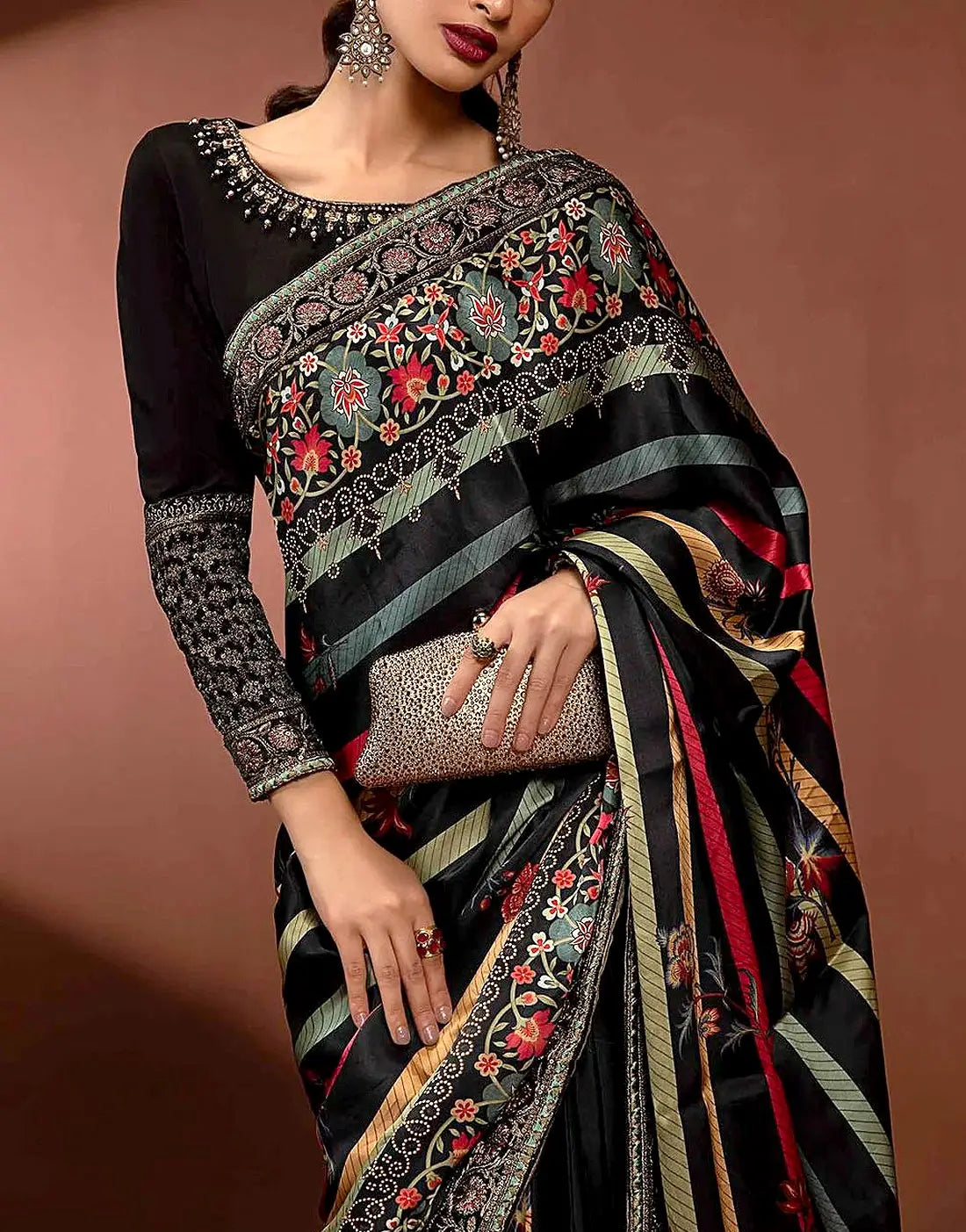 Glamorous Floral Print Embroidered Black Silk Saree with Raw Silk Body