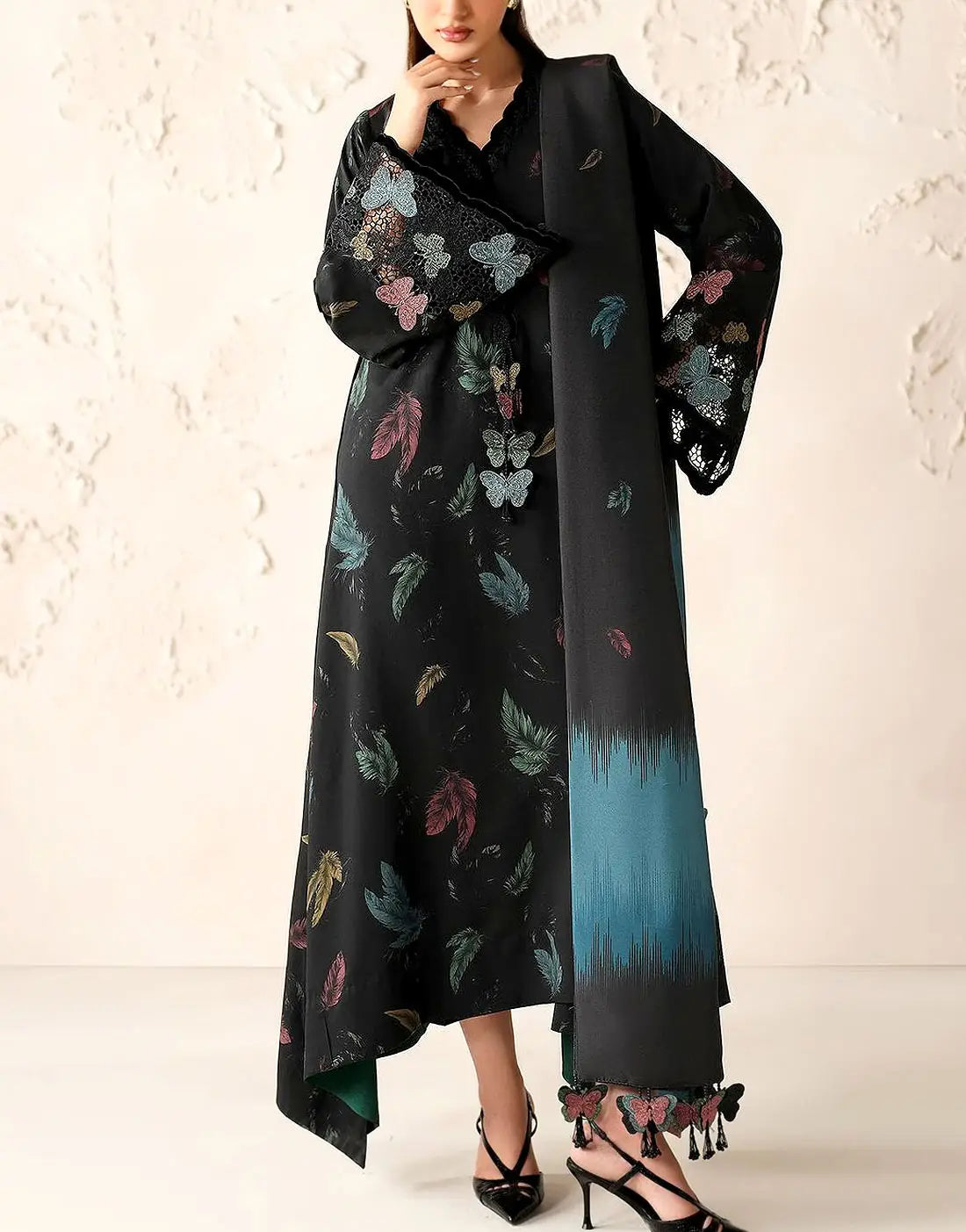 All-Over Print Embroidered Butterfly Design Lawn Dress with Emb. Chiffon Dupatta