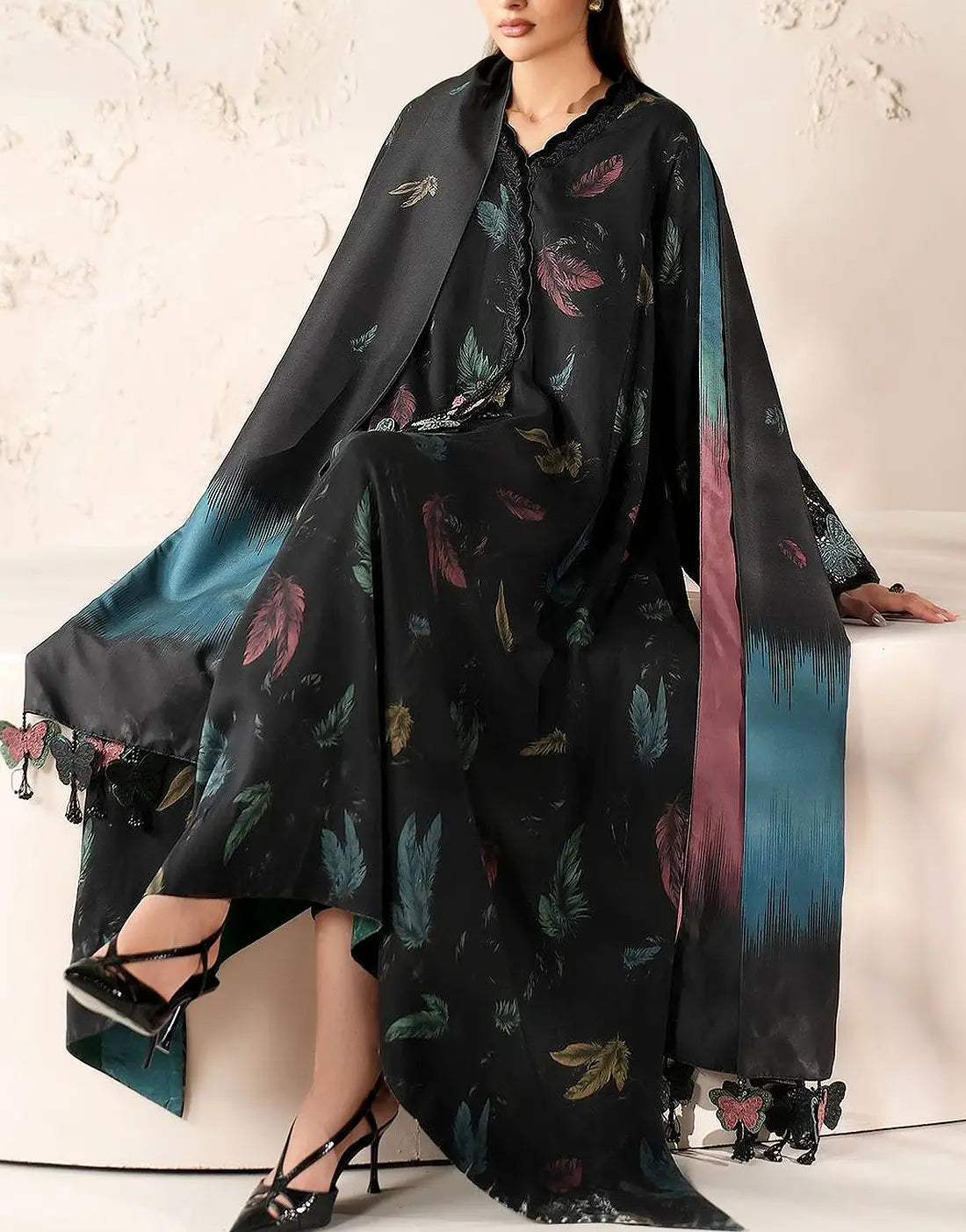 All-Over Print Embroidered Butterfly Design Lawn Dress with Emb. Chiffon Dupatta