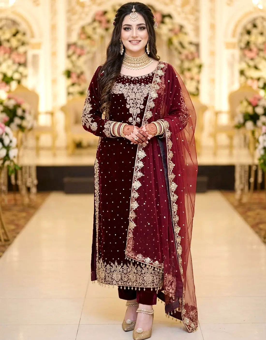 Luxurious Embroidered Maroon Velvet Dress with Rich Embellishments