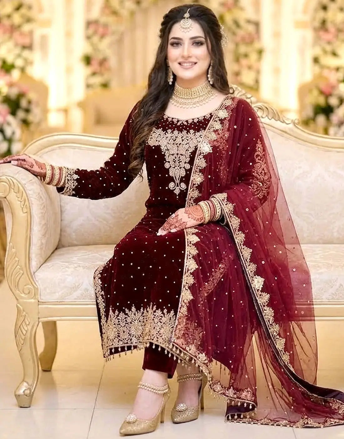Luxurious Embroidered Maroon Velvet Dress with Rich Embellishments