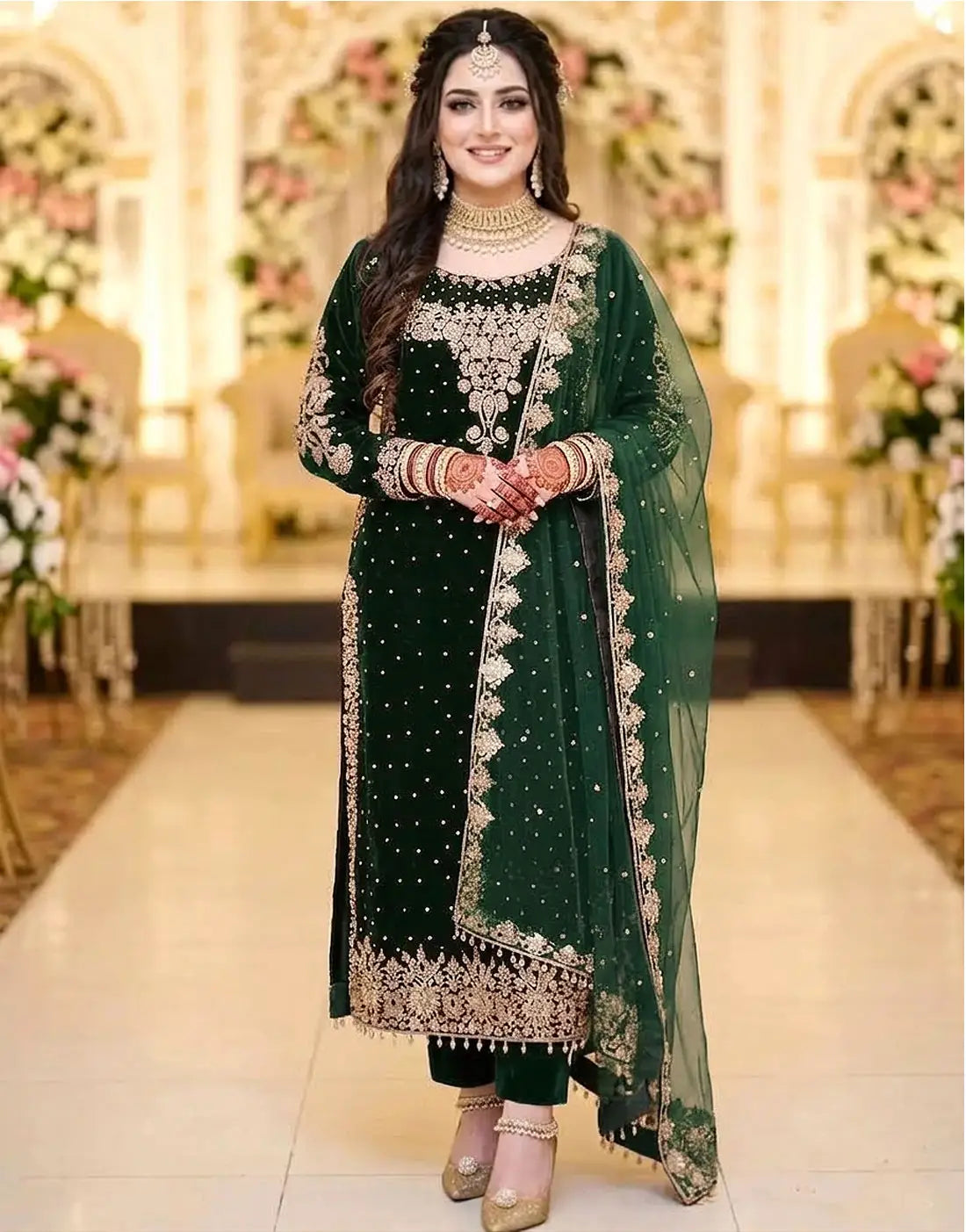 Luxurious Embroidered Bottle Green Velvet Dress with Rich Embellishments