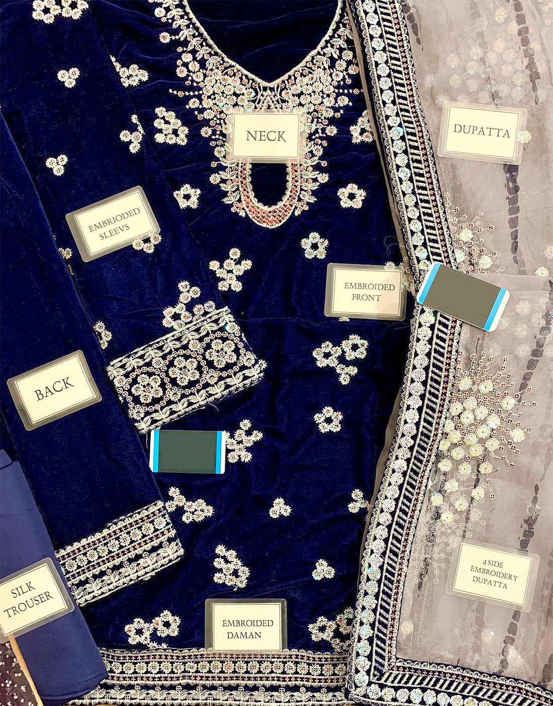 Stunning Formal Embroidered Navy Blue Velvet Wedding Wear Dress