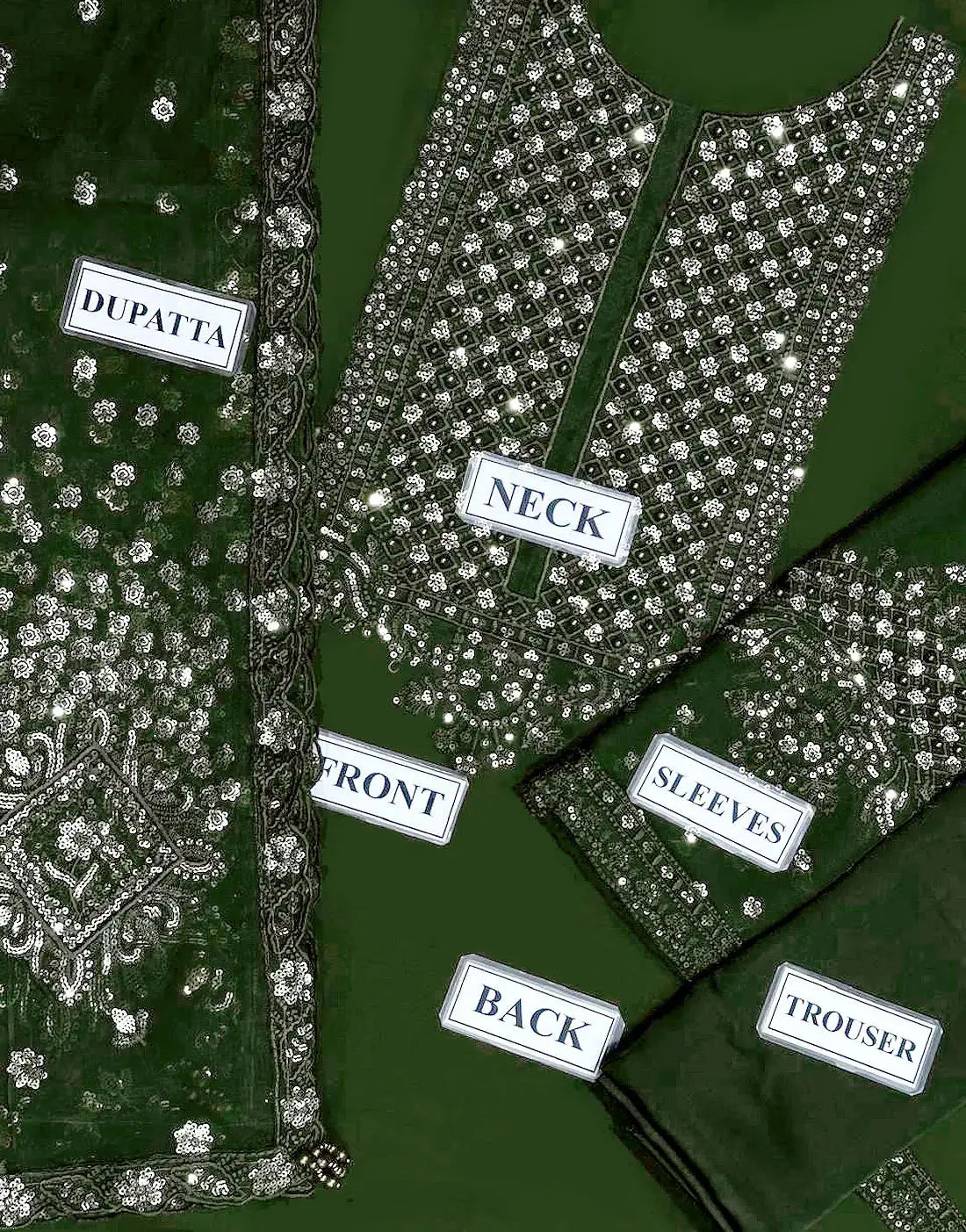 Graceful Heavy Embroidered Bottle Green Chiffon Wedding Dress with Handwork & Pearls Neck