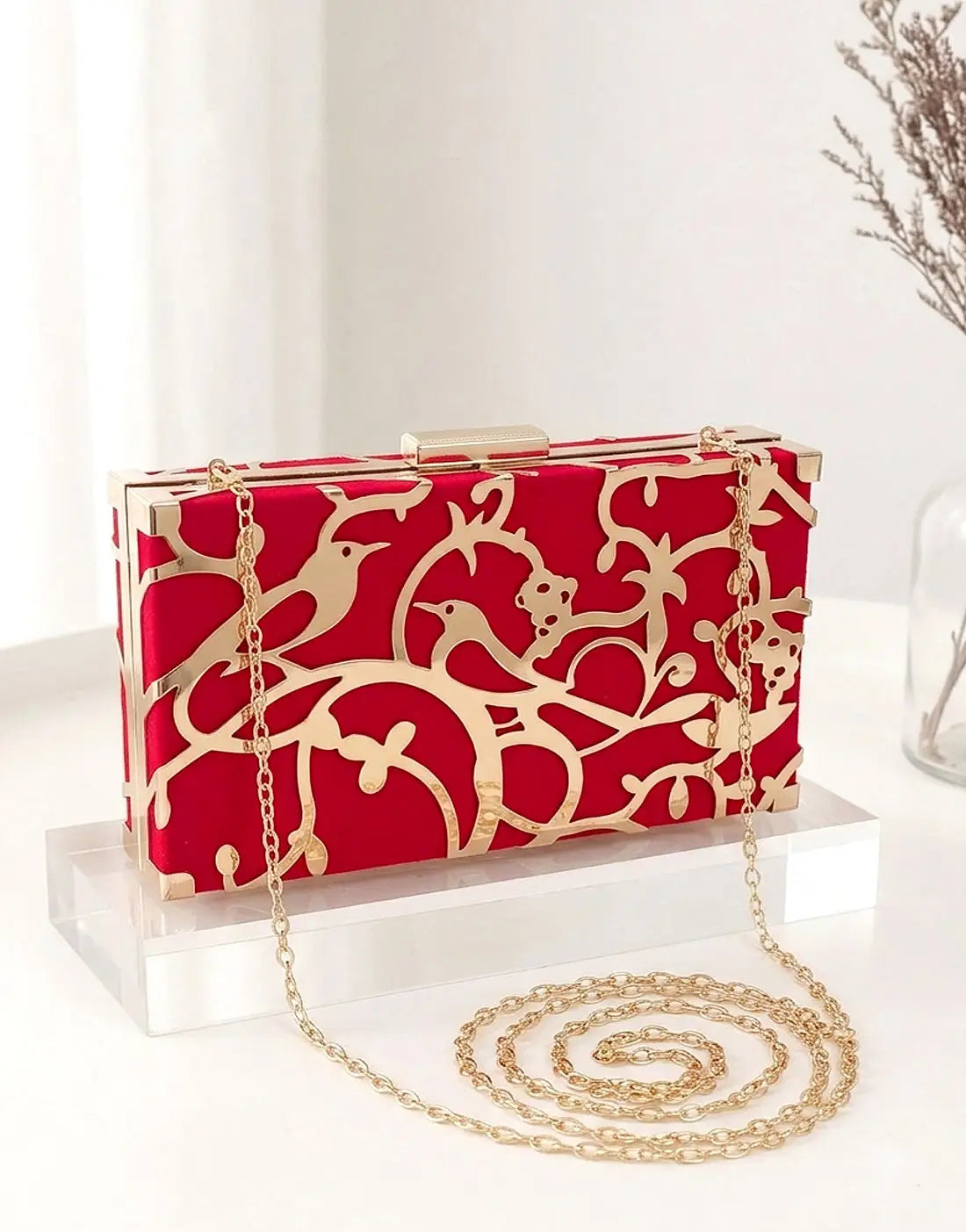 Rectangular Velvet Evening Clutch Bag with Laser Cut Gold Filigree Birds