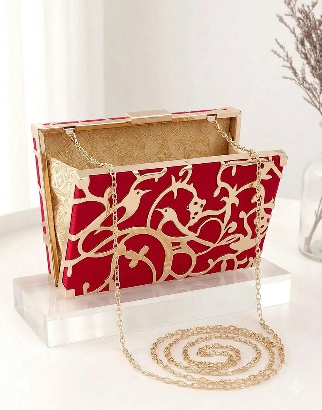 Rectangular Velvet Evening Clutch Bag with Laser Cut Gold Filigree Birds