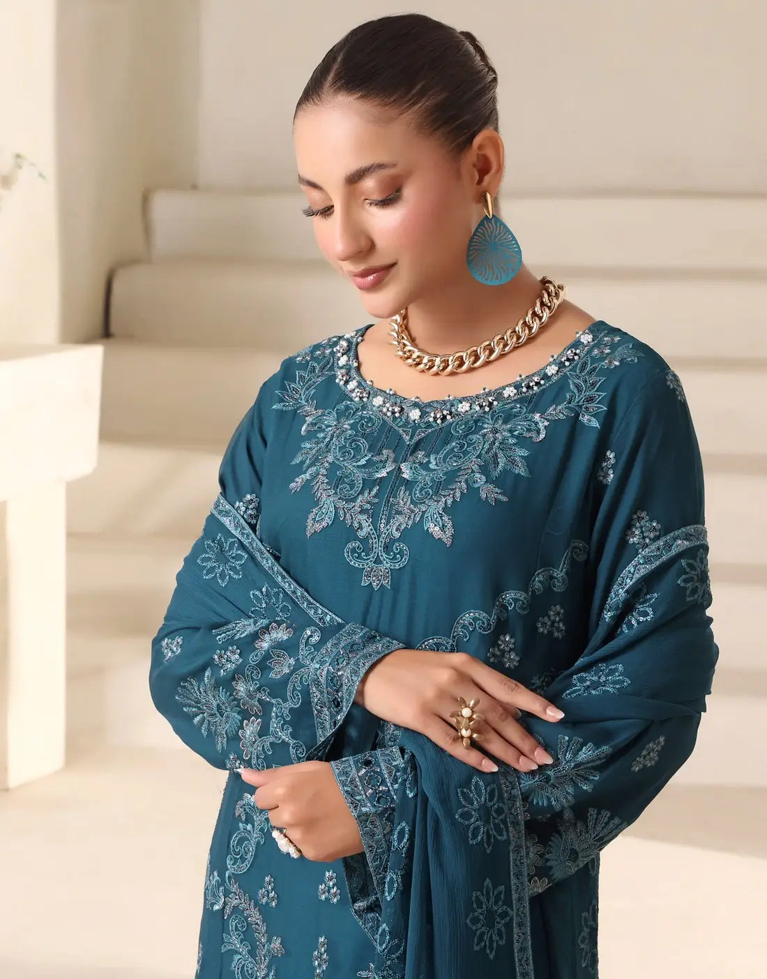 Samara Semi-Stitched Zinc Color Embroidered Chiffon Dress for Formal and Party Wear