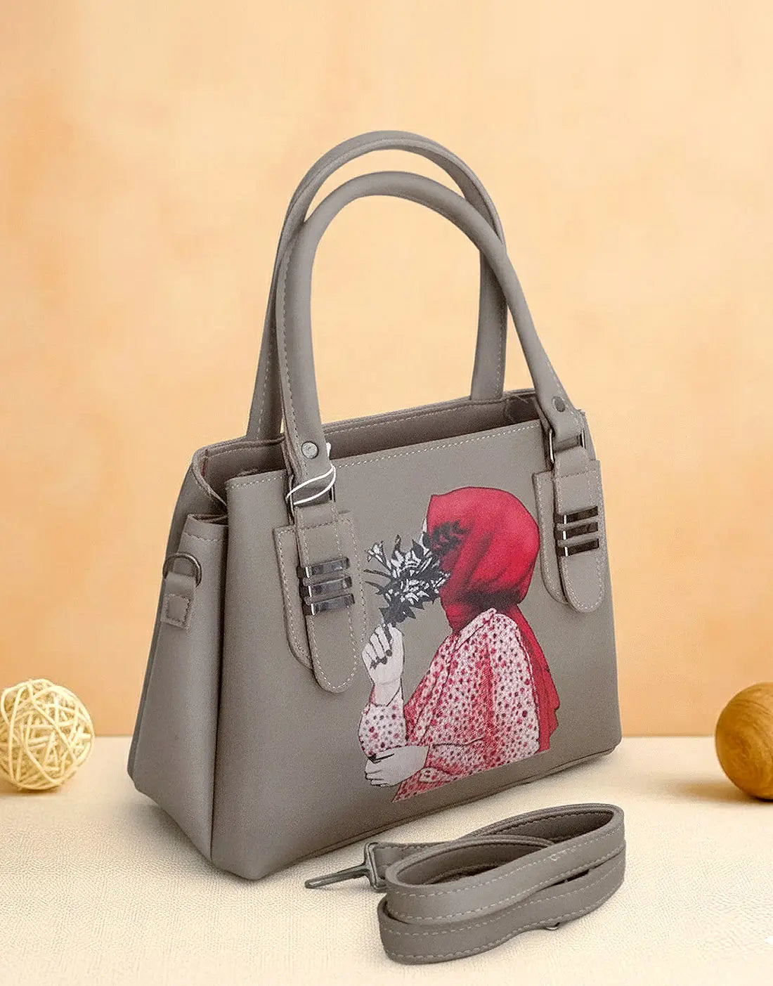 Stylish Hijabi Girl Printed Gray Synthetic Leather Handbag