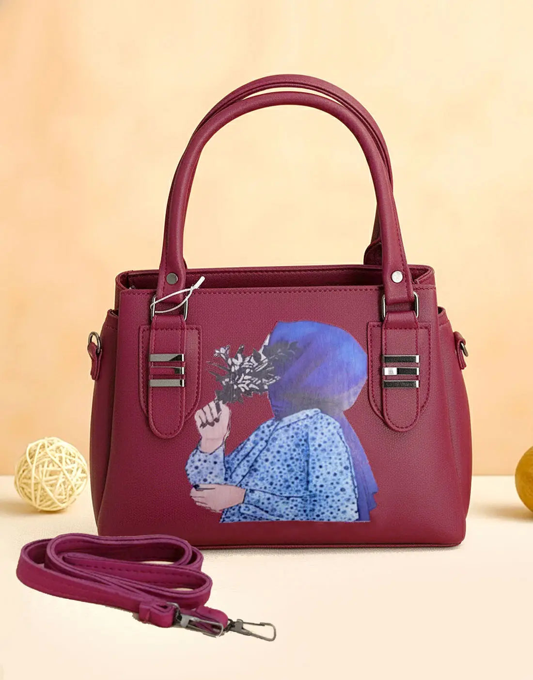 Stylish Hijabi Girl Printed Red Violet Synthetic Leather Handbag