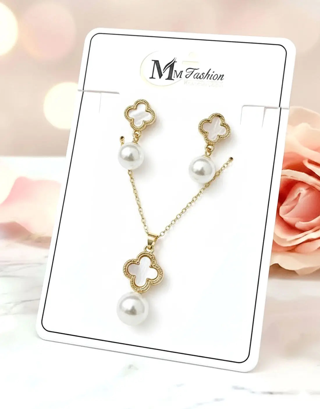 Elegant 4 Clover & Pearl Design Necklace Set with Earrings