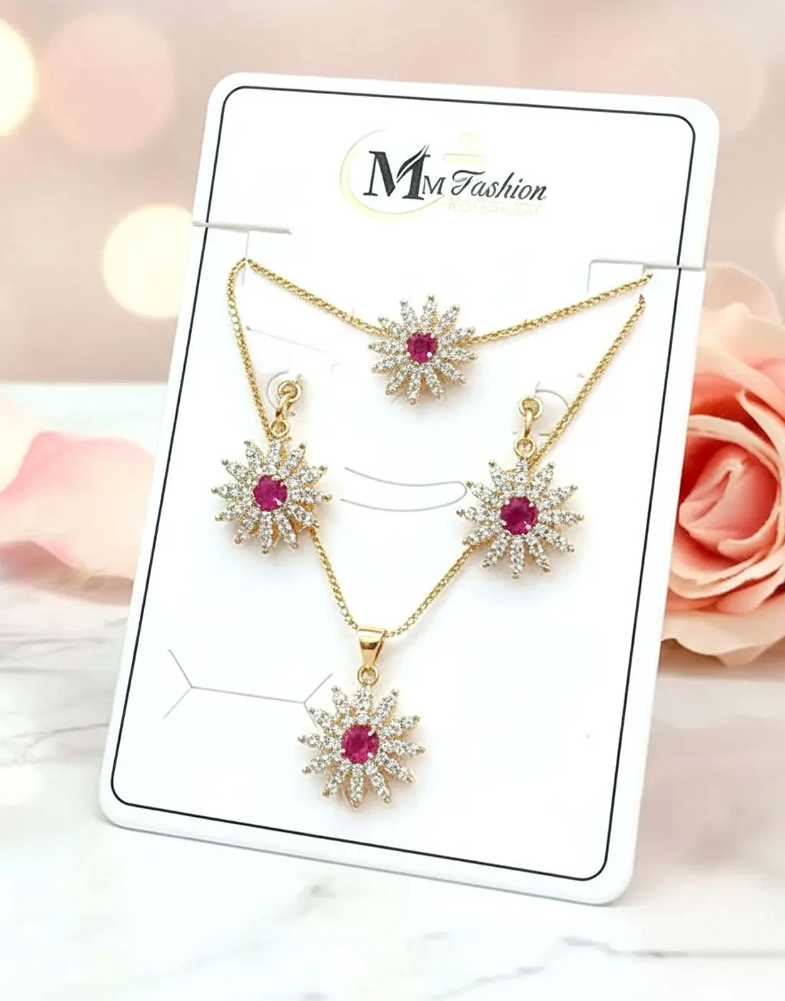 Elegant Sunflower Shape Golden Necklace Set with Earrings & Bracelet