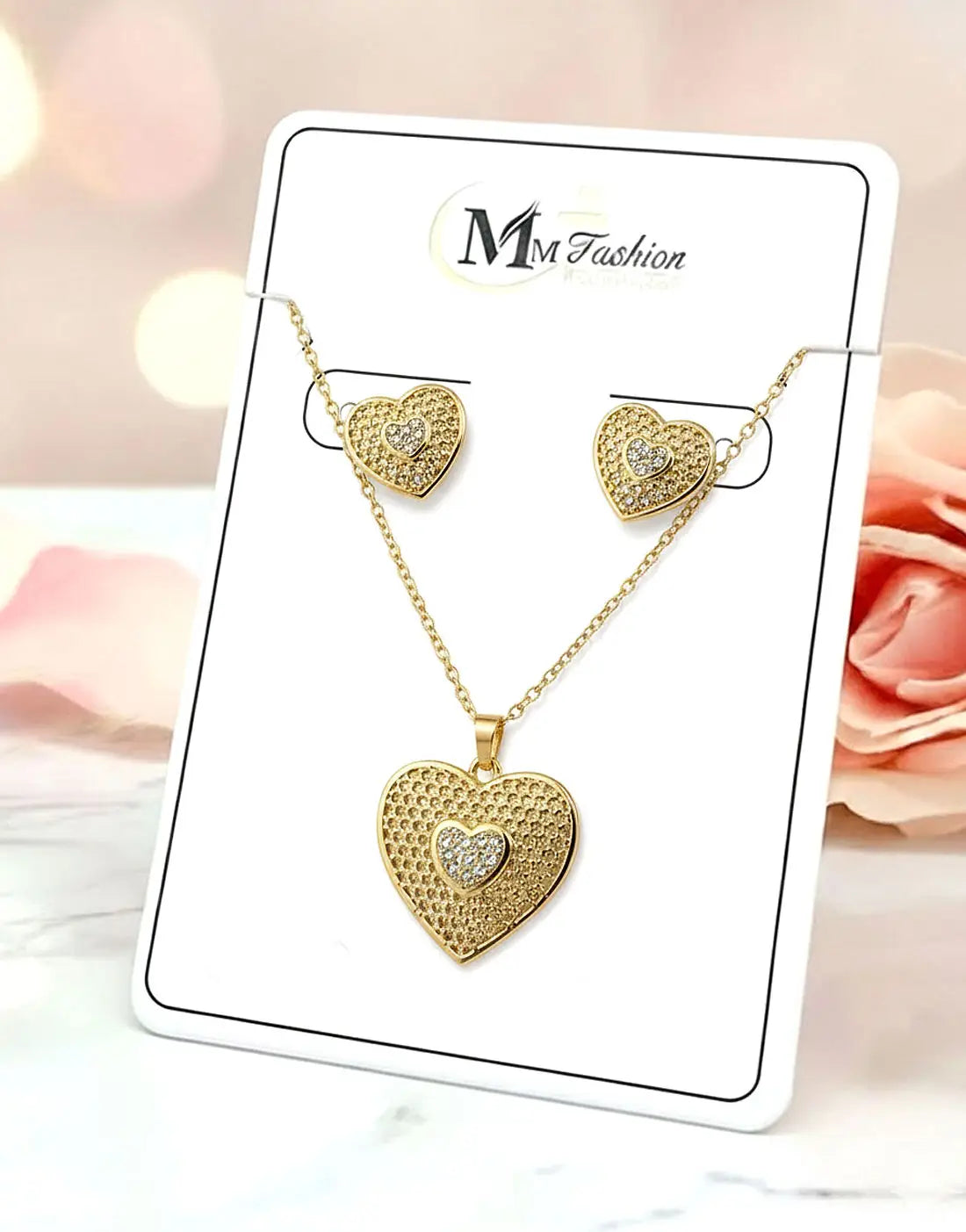 Elegant Heart Shape Golden Necklace & Earrings Set for Girls
