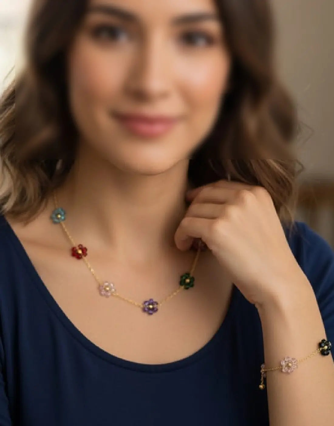 Multicolor Flower Charm Mala & Bracelet Set