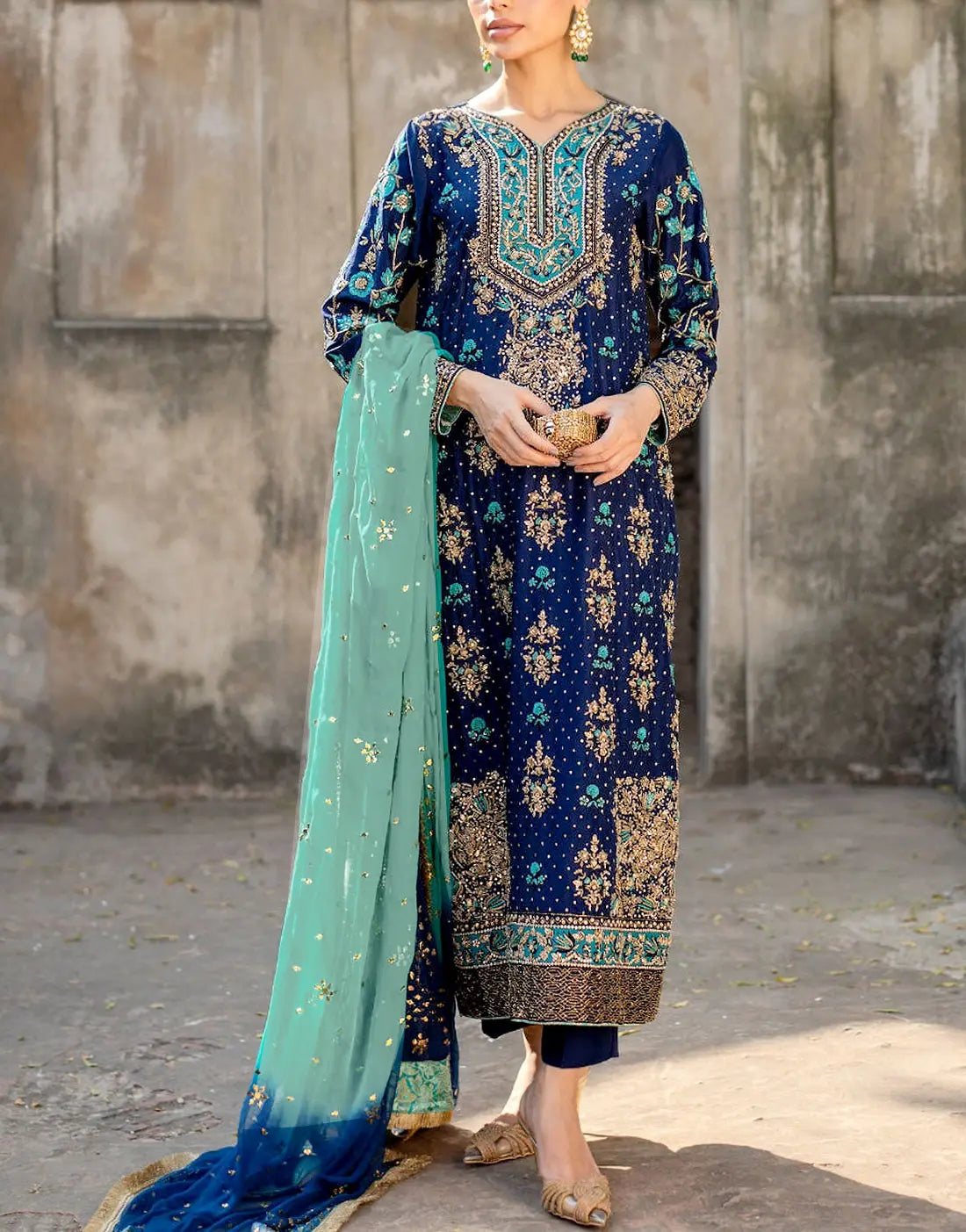 Premium Hand‑Embellished Navy Blue Embroidered Chiffon Wedding Dress