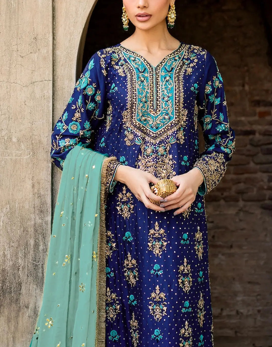 Premium Hand‑Embellished Navy Blue Embroidered Chiffon Wedding Dress