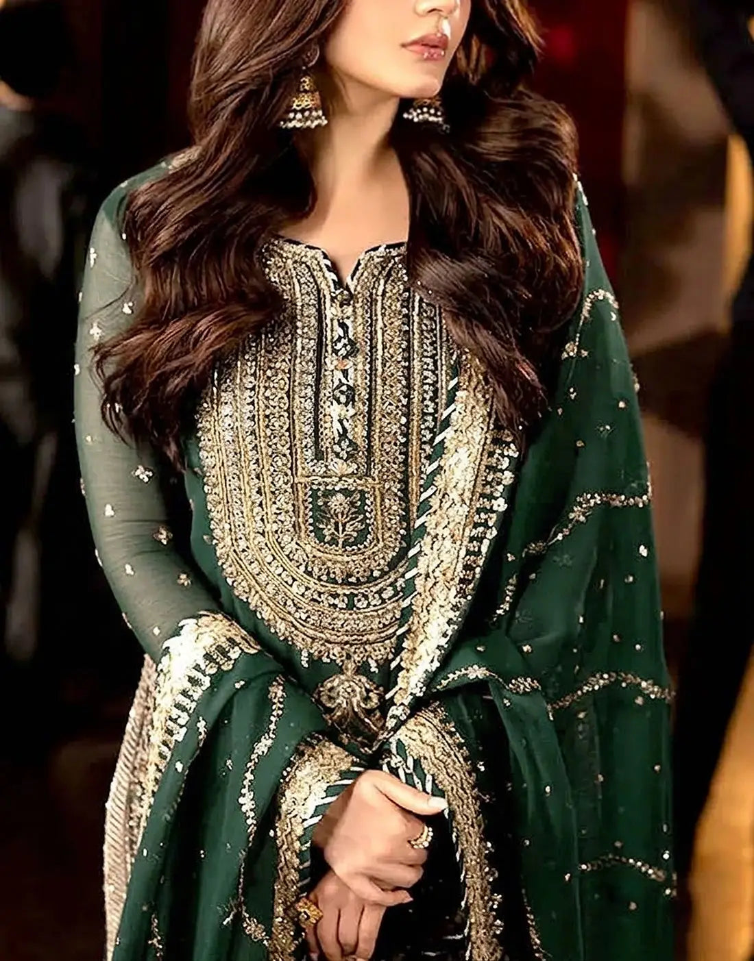 Glamorous Embroidered Formal Bottle Green Chiffon Dress - Perfect for Party & Weddings