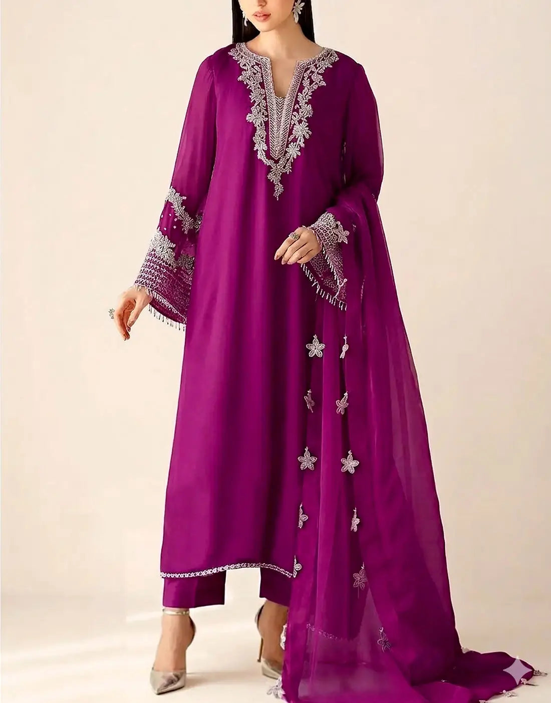 Sophisticated Embroidered Magenta Chiffon Party Wear Dress with Rich  HandEmbellished on Neckline & Sleeves  Best Price Online in Pakistan