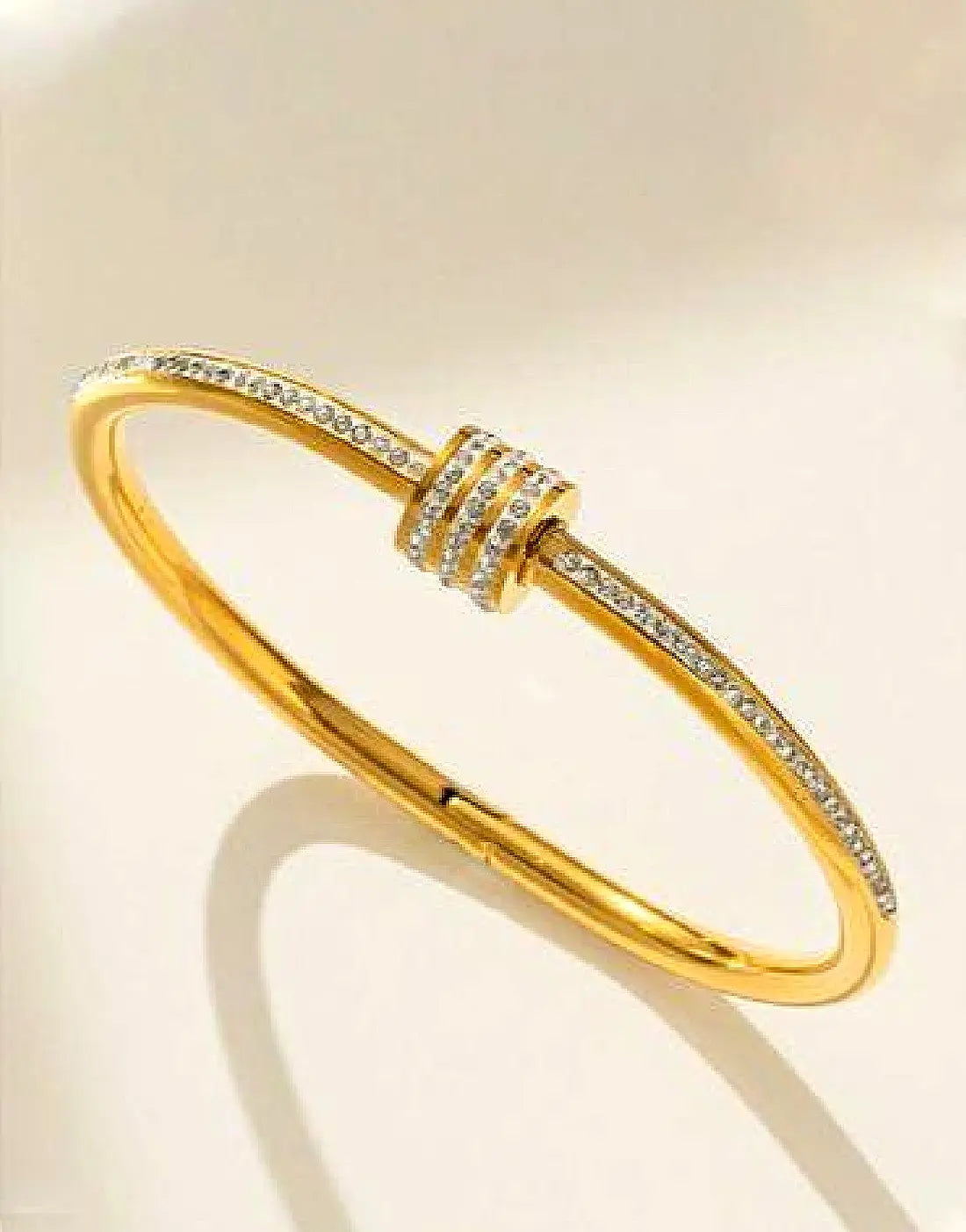 Gold Plated Rhinestone Studded Bangle Bracelet in Stainless Steel Finish